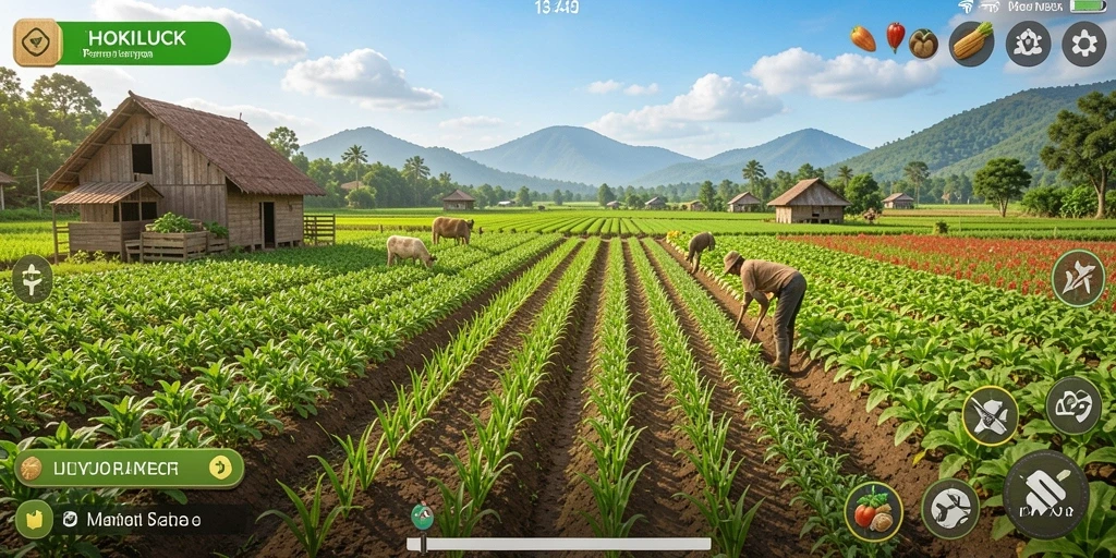 Tampilan gameplay HOKILUCK dengan aktivitas bertani yang menyenangkan.