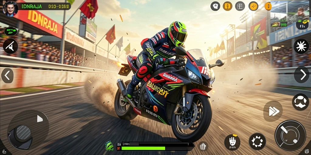 Screenshot gameplay IDNRAJA menampilkan balapan motor yang mendebarkan.