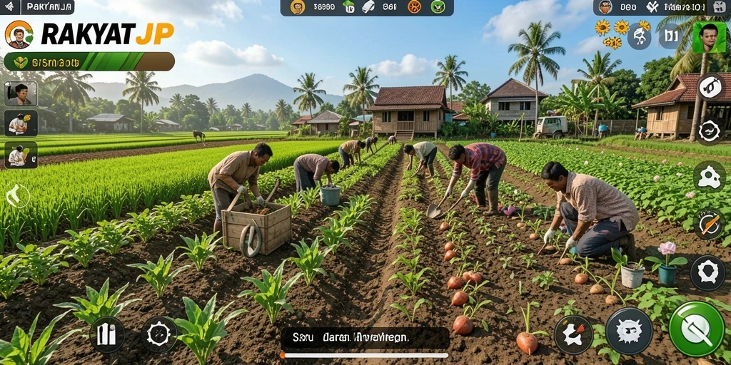 Tangkapan layar gameplay RAKYATJP menampilkan aktivitas bertani yang menyenangkan.